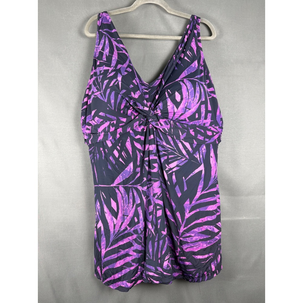 Swimsuits For All Swim Dress Women 30 Purple Black Tropical Twist Front V-Neck